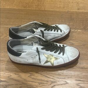 Golden Goose White Sneakers with Gold Star and Green Laces